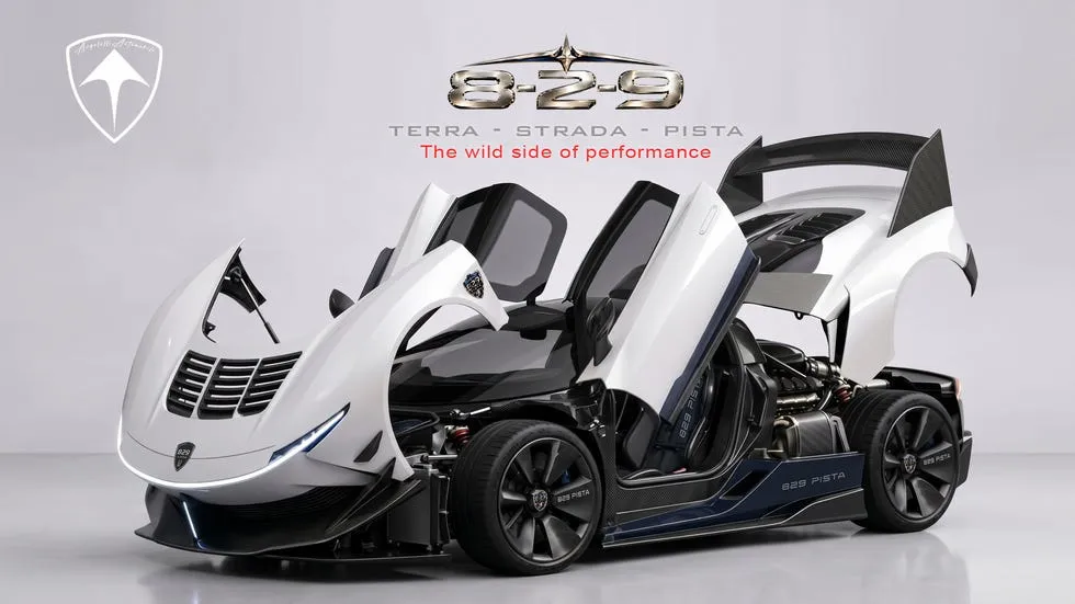 Futuristic sports car with butterfly doors, showcasing sleek design and advanced performance features.