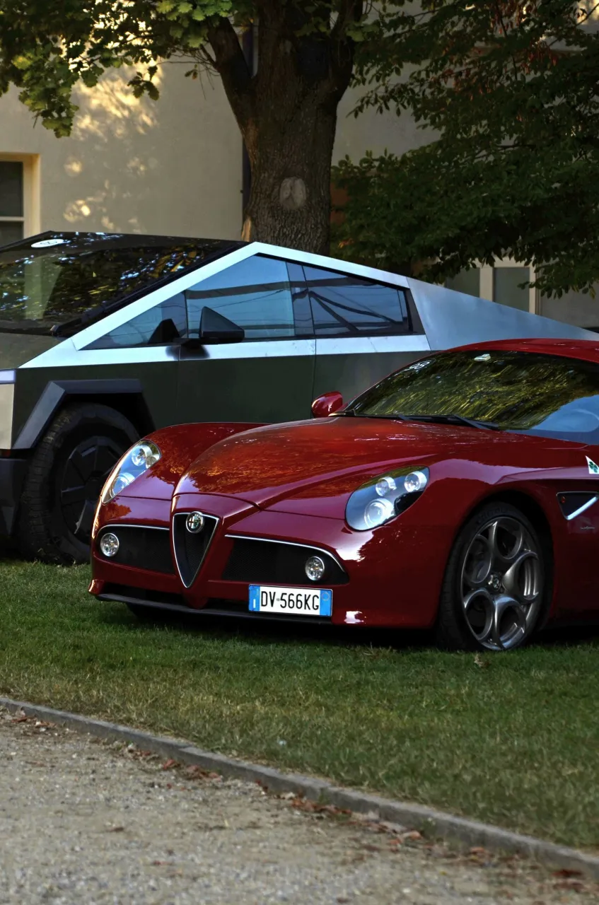 The Beauty And The Stainless Beast: Alfa Romeo 8C Hangs Out With Tesla Cybertruck